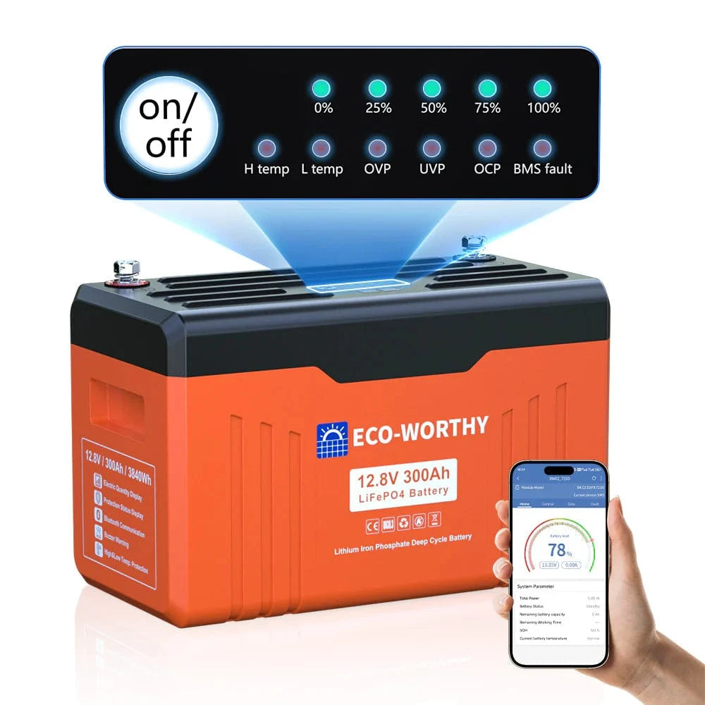 Eco-Worthy Solar Batteries Eco-Worthy 12V 300AH Lifepo4 Lithium Battery Bluetooth with SOC LEDs and Low Temp Protection
