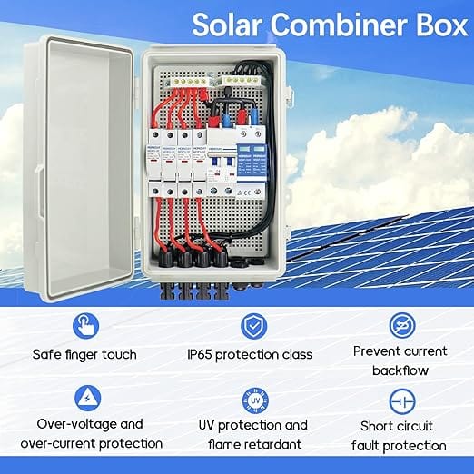 Rich Solar Solar Accessories 4 - 1 String Solar Combiner Box PV Combiner Box with Surge Protection, 63A Circuit Breakers and 15A Rated Current Fuse for On/Off Grid Solar Power System, IP65 Water Resistant