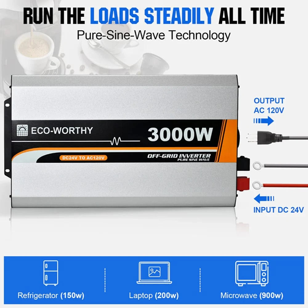 Signature Solar Solar Charge Controllers and Inverters Eco-Worthy 3000W Off Grid Pure Sine Wave Inverter 24V to 110V
