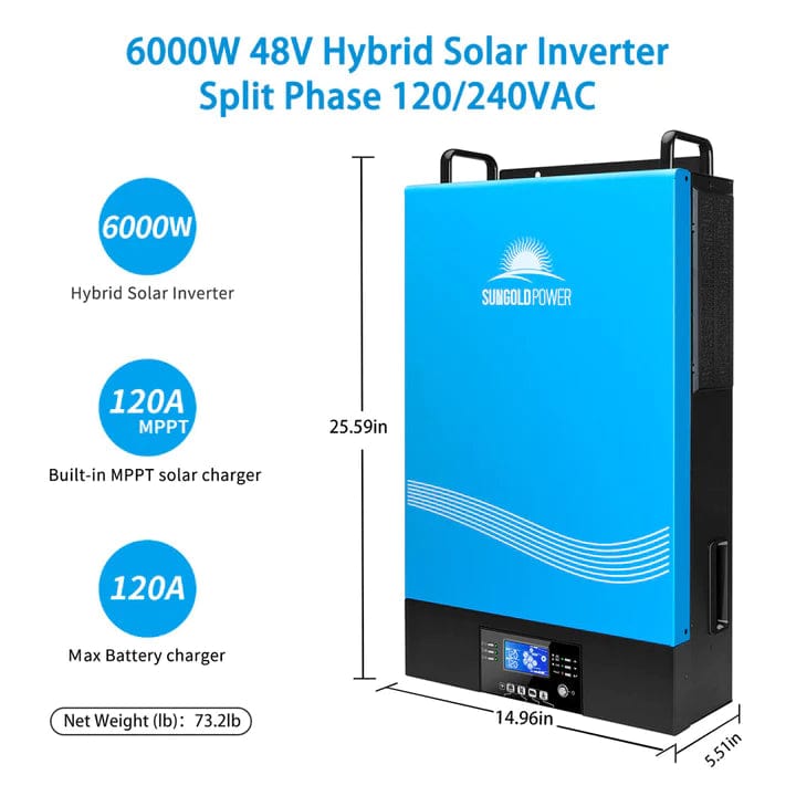 Sungold Power Solar Charge Controllers and Inverters 6000W 48V Hybrid Solar Inverter Split Phase 120/240vac (Grid Feedback &amp; Batteryless)- Free Shipping!