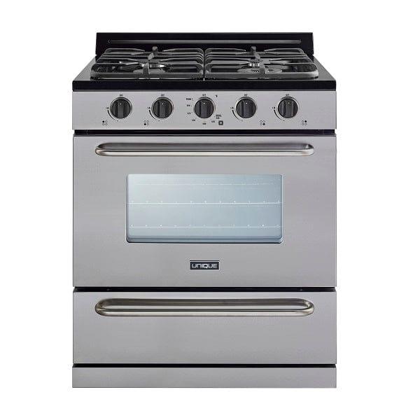 Unique Propane Range /Stove Unique 30" Propane Range Battery Ignition Variable BTU Sealed Burners Cast Iron Grates Window UGP-30G OF2 S/S
