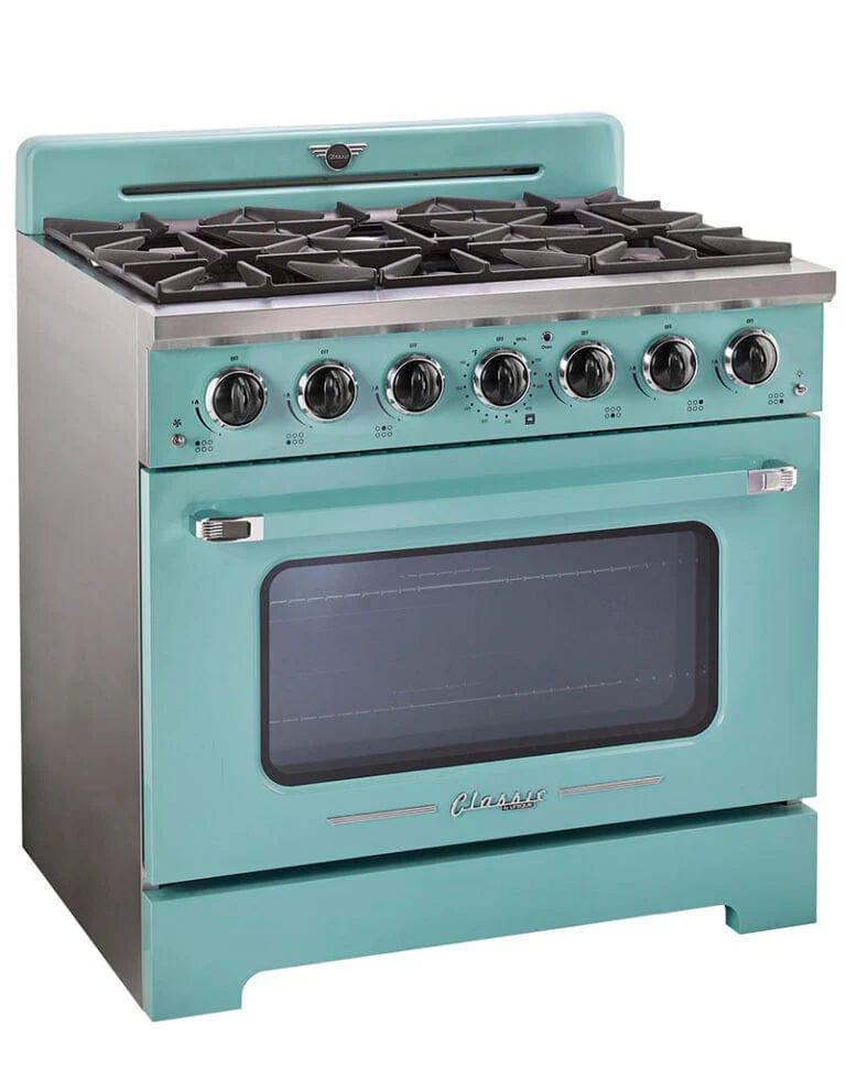 Unique Convection Gas Range Unique 36' Classic Retro Ocean Mist Turquoise Range With FR Triple Crown Burner UGP-36CR T