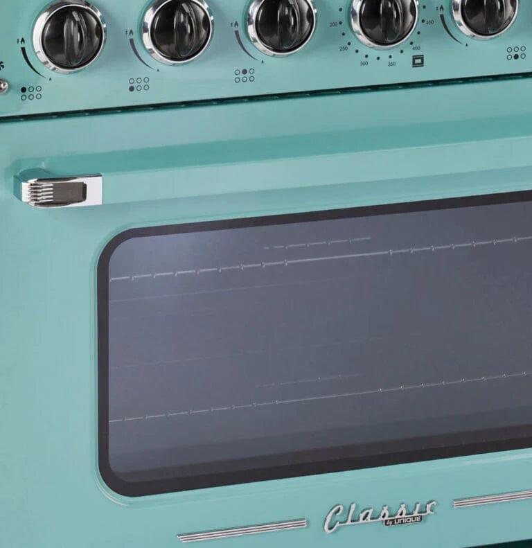 Unique Convection Gas Range Unique 36' Classic Retro Ocean Mist Turquoise Range With FR Triple Crown Burner UGP-36CR T