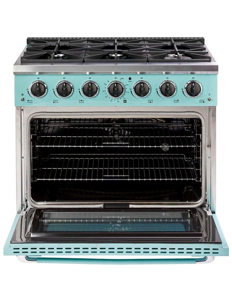 Unique Convection Gas Range Unique 36' Classic Retro Ocean Mist Turquoise Range With FR Triple Crown Burner UGP-36CR T