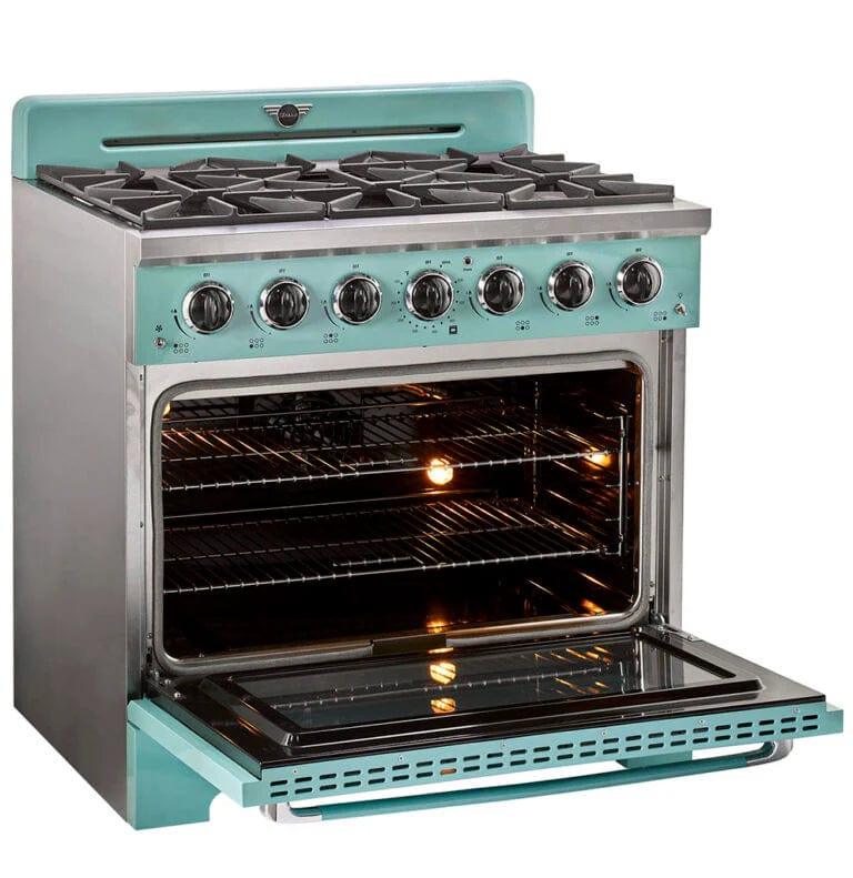 Unique Convection Gas Range Unique 36' Classic Retro Ocean Mist Turquoise Range With FR Triple Crown Burner UGP-36CR T