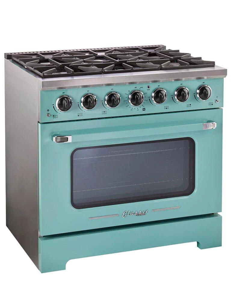 Unique Convection Gas Range Unique 36' Classic Retro Ocean Mist Turquoise Range With FR Triple Crown Burner UGP-36CR T