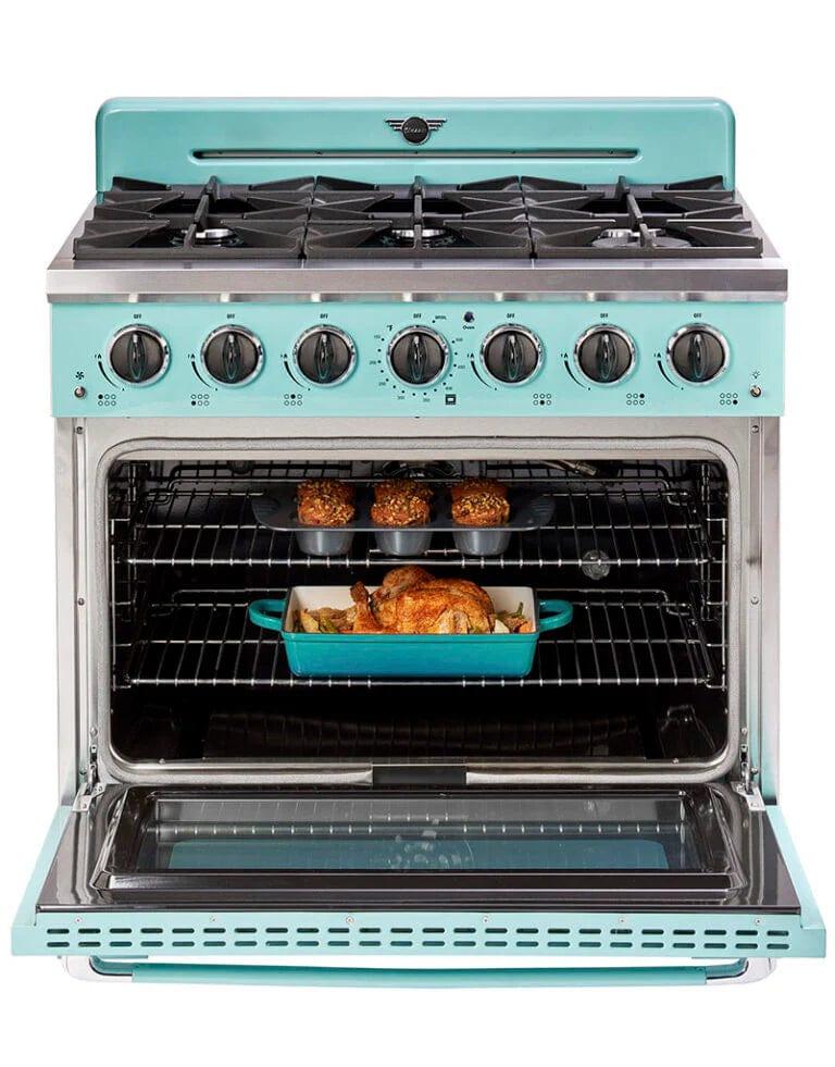 Unique Convection Gas Range Unique 36' Classic Retro Ocean Mist Turquoise Range With FR Triple Crown Burner UGP-36CR T