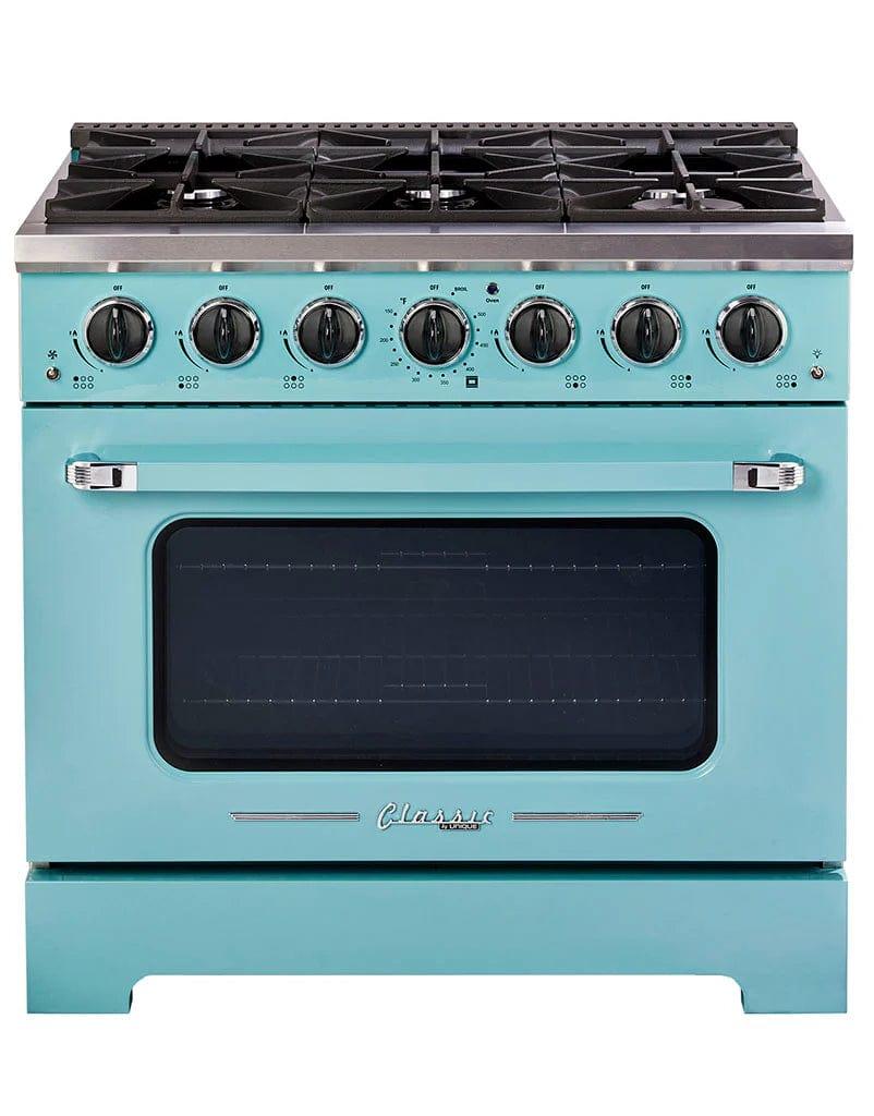 Unique Convection Gas Range Unique 36' Classic Retro Ocean Mist Turquoise Range With FR Triple Crown Burner UGP-36CR T