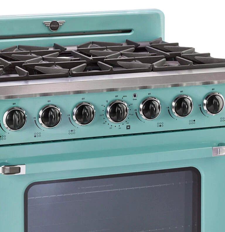 Unique Convection Gas Range Unique 36' Classic Retro Ocean Mist Turquoise Range With FR Triple Crown Burner UGP-36CR T