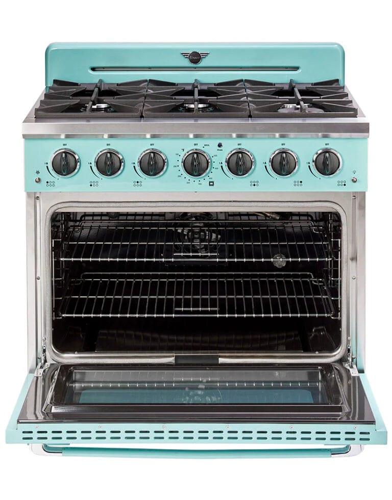 Unique Convection Gas Range Unique 36' Classic Retro Ocean Mist Turquoise Range With FR Triple Crown Burner UGP-36CR T