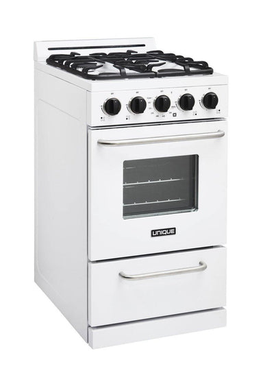 Unique Range/Stove Unique Classic 20" Propane Range Battery Ignition Variable BTU sealed burners Cast iron grates Window UGP-20G OF1 W (white)