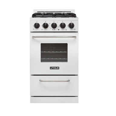 Unique Range/Stove Unique Classic 20" Propane Range Battery Ignition Variable BTU sealed burners Cast iron grates Window UGP-20G OF1 W (white)