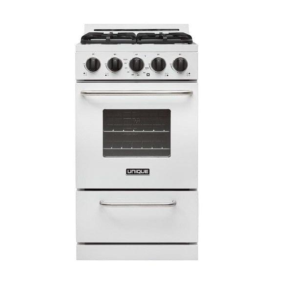 Unique Range/Stove Unique Classic 20" Propane Range Battery Ignition Variable BTU sealed burners Cast iron grates Window UGP-20G OF1 W (white)