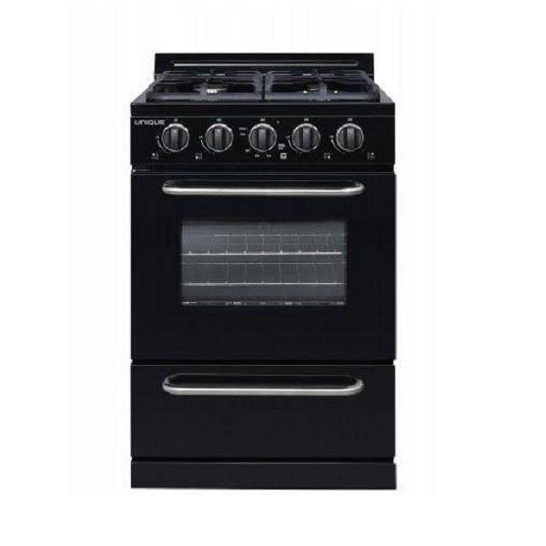 Unique Propane Range /Stove Unique Classic 24" Propane Range Battery Ignition Variable BTU Sealed Burners (11,000 BTU Largest) Cast Iron Grates With Window UGP-24G OF1 B (Black)