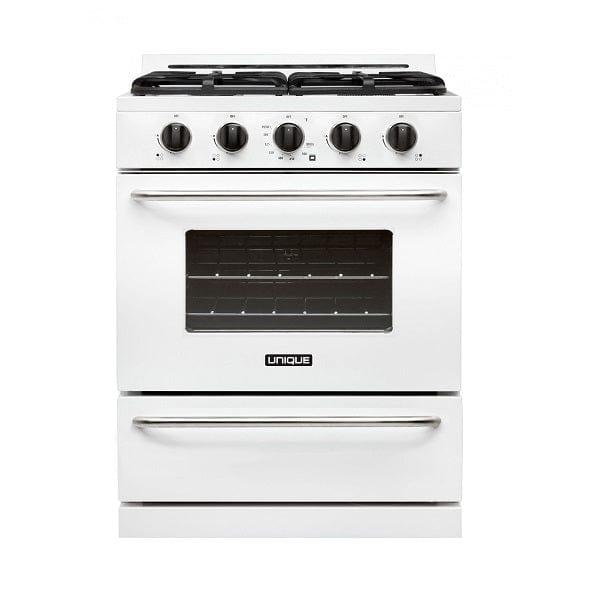 Unique Propane Range /Stove Unique Classic 30" Propane Range Battery Ignition Variable BTU Sealed Burners Cast Iron Grates With Window UGP-30G OF1 W (White)