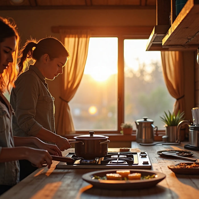 Couple using propane stove and electric kettle in sunlit off-grid kitchen
