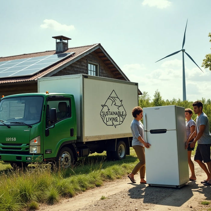 Off-grid family carrying fridge to recycling truck by rustic home