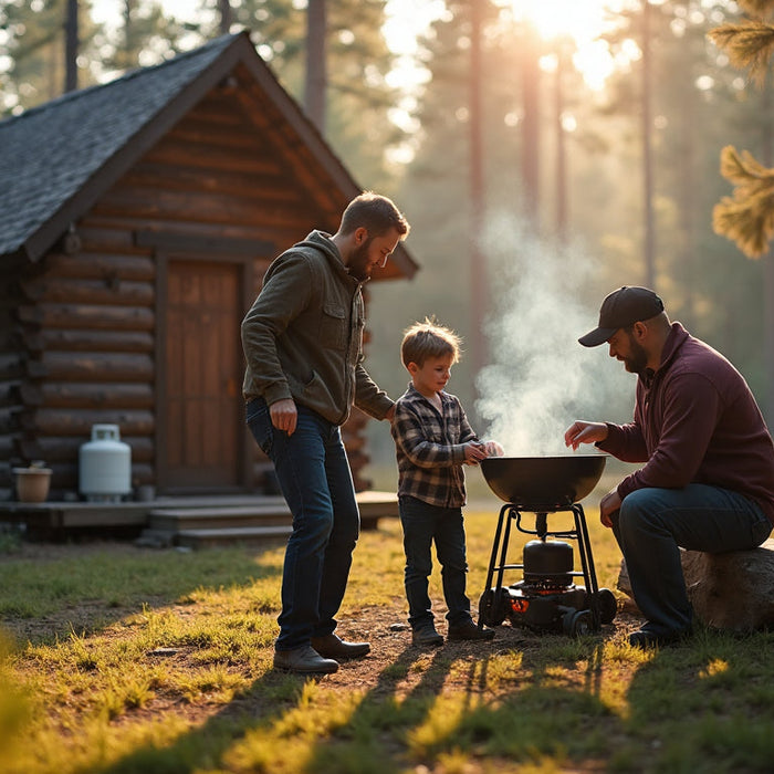 Family in off-grid outdoor setting practicing propane safety near cabin and camp grill