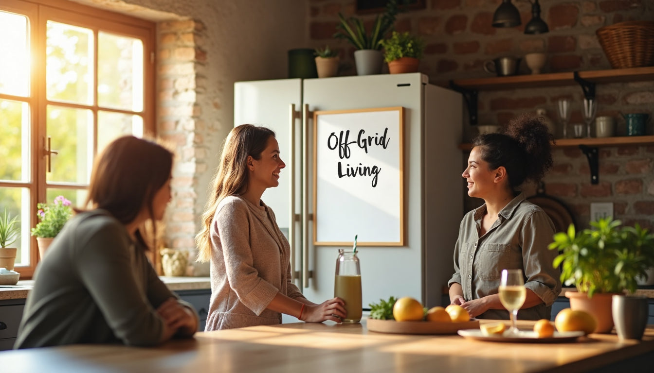 Family in off-grid kitchen near solar fridge, 'Off-Grid Living' note
