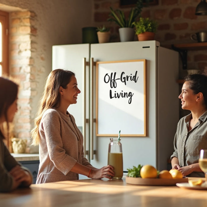Family in off-grid kitchen near solar fridge, 'Off-Grid Living' note
