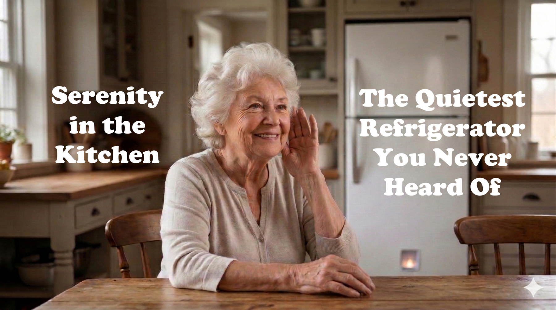 Image of an older wonman smiling in her kitchen because her refrigerator is very quiet