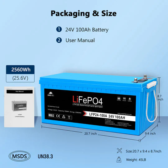 SunGoldPower 2-Pack 24V 100AH LiFePO4 Deep Cycle Lithium Battery / Bluetooth /Self-Heating / IP65