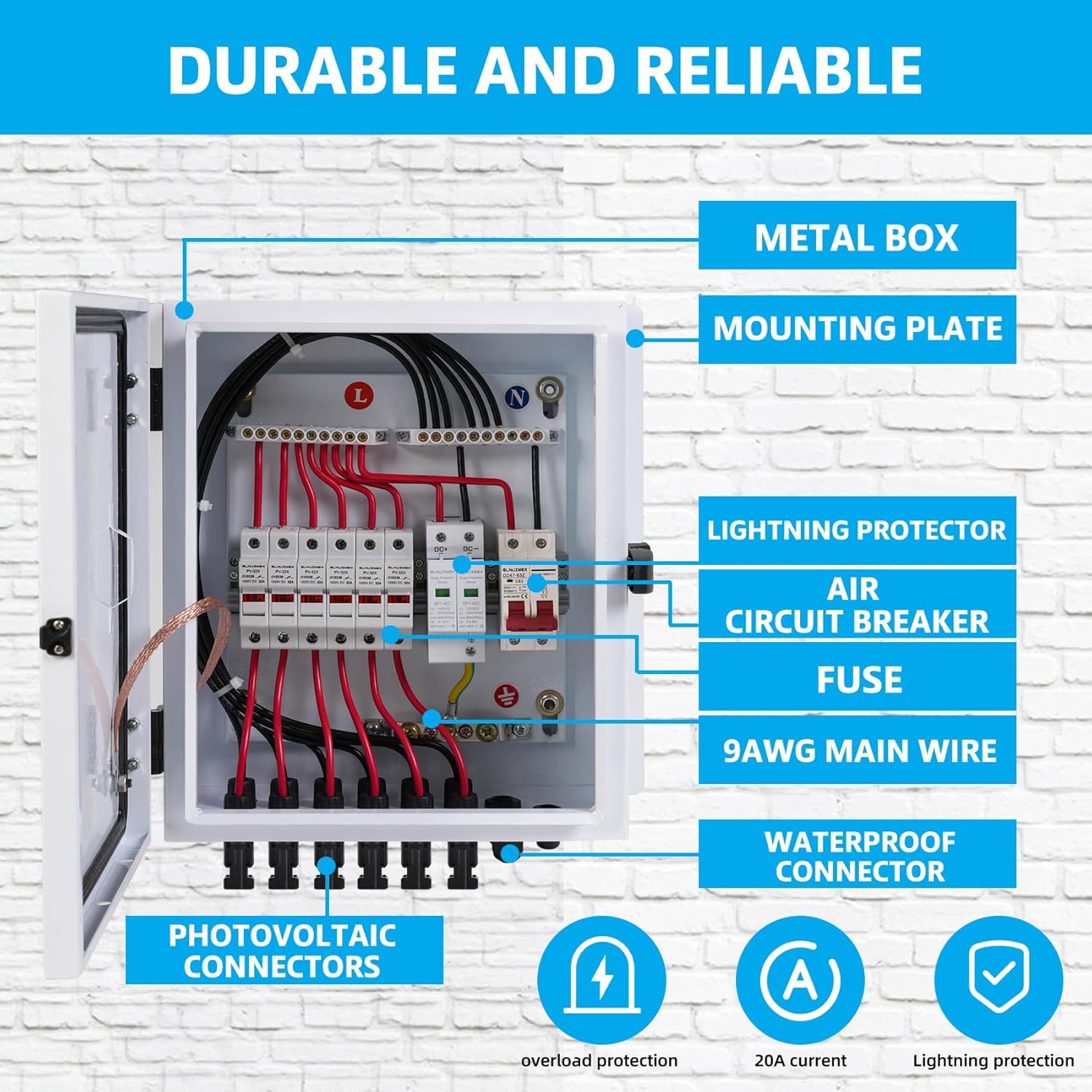 Ben's Deals Circuit Breaker 6 String Metal Solar Combiner Box | 20A Rated Current Fuse - In Store Offer Only