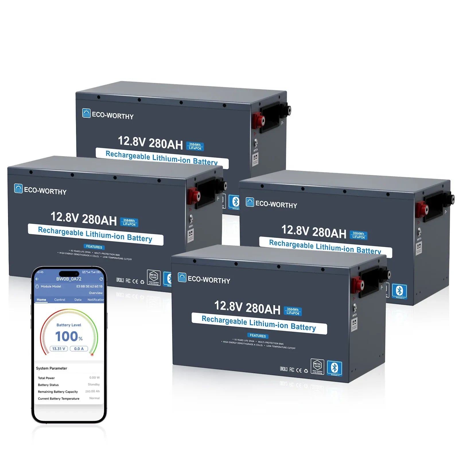 Ben's Deals 4 Pack Eco-Worthy 12V 280Ah Metal Case LiFePO4 Lithium Battery With Bluetooth and low-temp protection