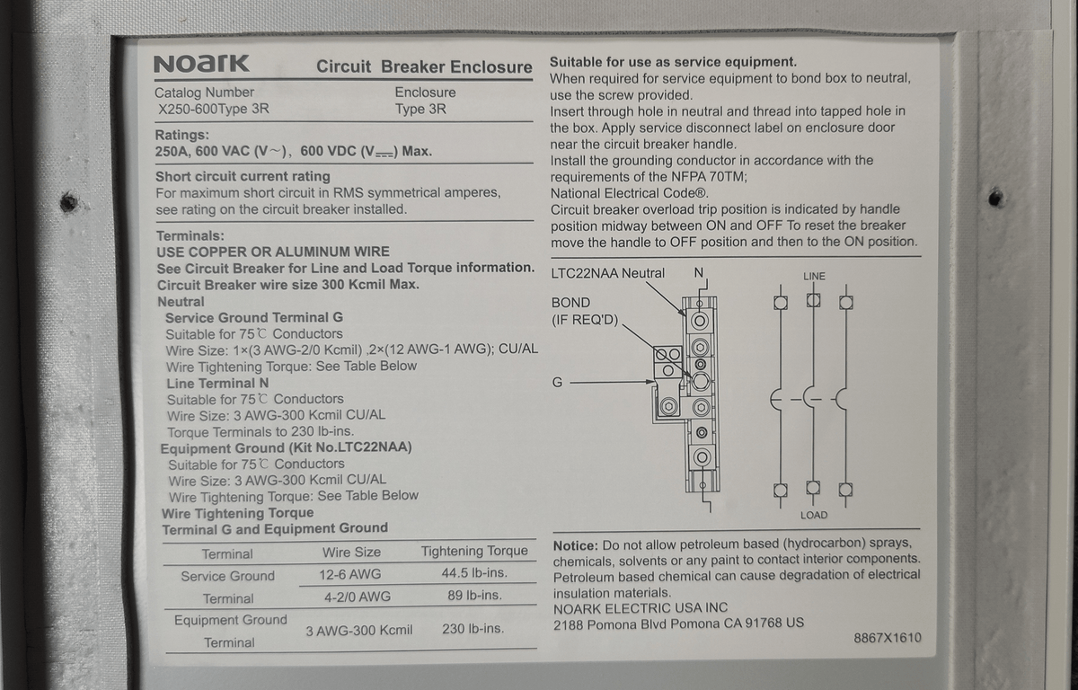 Ben's Deals Solar Power Kits Noark E3R-2AM2N250T22L | Double-Pole UL Listed 250A DC Breaker with Enclosure