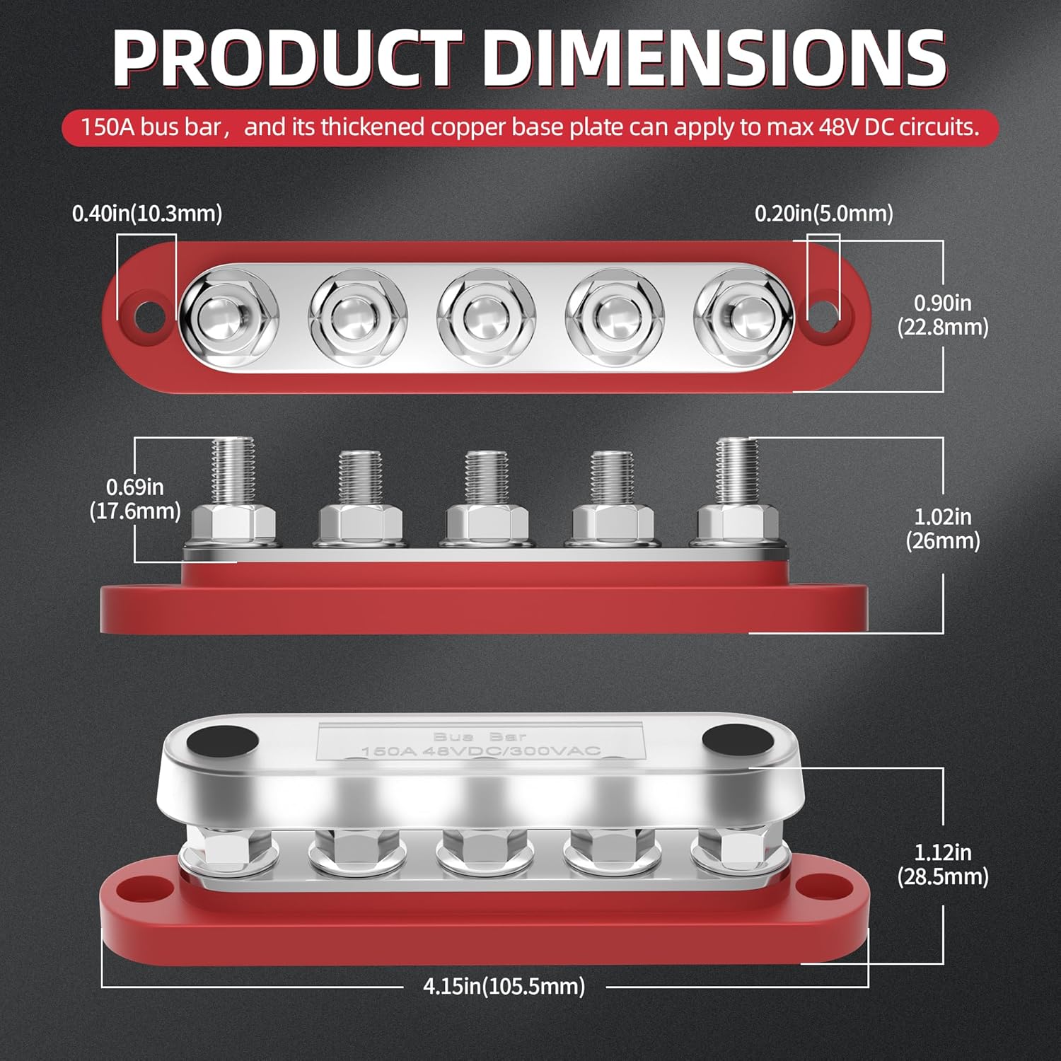 Ben's Deals Accessories One Pair Solar DC Busbars 150A 48v Rated Black and Red