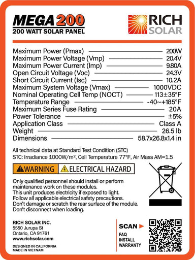 Ben's Discount Supply Solar Panel Mega 200 Watt 12 Volt Solar Panel Model BDSRS-M200 - Free Shipping!