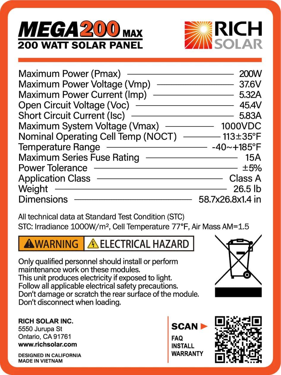 Ben's Discount Supply Mega 200 Watt 24 Volt Solar Panel BDSRS-M200D - Free Shipping!