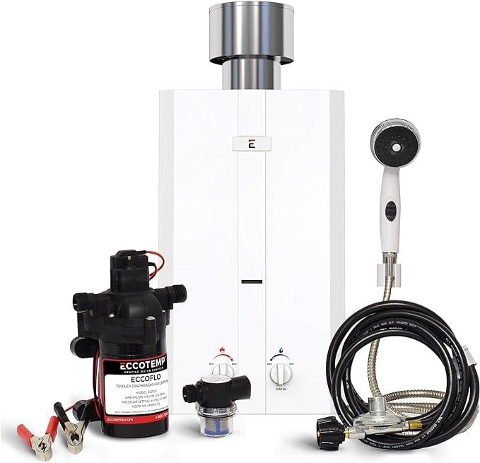 Eccotemp Heaters Eccotemp L10 3.0 GPM Portable Outdoor Tankless Water Heater w/ EccoFlo Diaphragm 12V Pump, Strainer & Shower Set