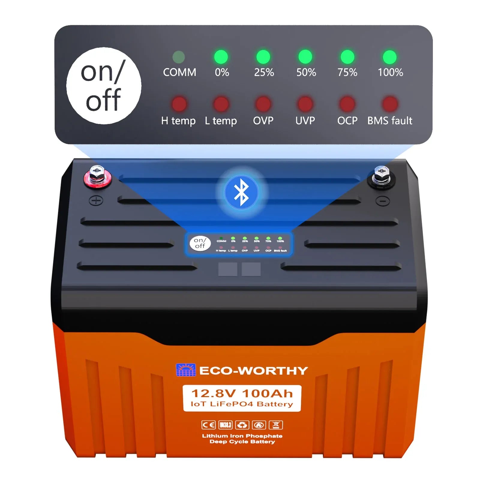 Eco-Worthy Solar Batteries Eco-Worthy 12V 100Ah LiFePO4 Lithium Battery with SOC Display