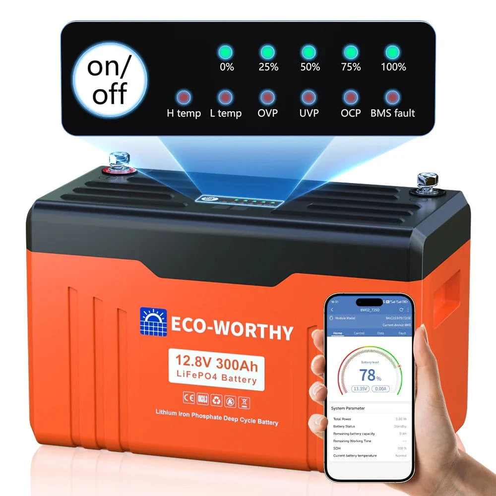 Eco-Worthy Solar Batteries Eco-Worthy 12V 300AH Lifepo4 Lithium Battery Bluetooth with SOC LEDs and Low Temp Protection