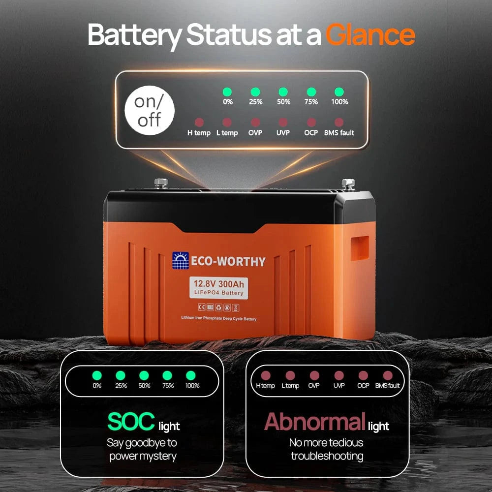Eco-Worthy Solar Batteries Eco-Worthy 12V 300AH Lifepo4 Lithium Battery Bluetooth with SOC LEDs and Low Temp Protection
