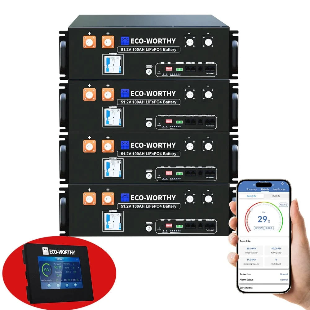 Eco-Worthy Solar Batteries 4 Packs & Battery Monitor Eco-Worthy 48V (51.2V) 100Ah Server Rack Battery 5.12kWh Lithium Battery | 3U Size with Bluetooth & Wifi (Version 3)