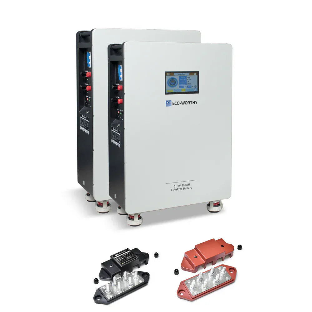 Eco-Worthy Solar Batteries 2 Packs with Free Busbar Eco-Worthy 51.2V 280Ah LiFePO4 Floor Standing Battery with 4 Footmaster Nylon Wheels for Off-grid Home Energy Storage