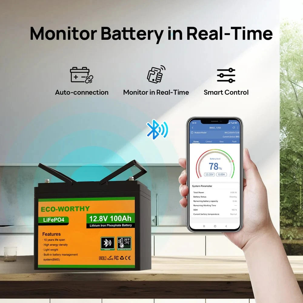 Eco-Worthy Solar Batteries Eco-Worthy LiFePO4 12V 100Ah Lithium Iron Phosphate Battery With Bluetooth And Low-temperature Protection
