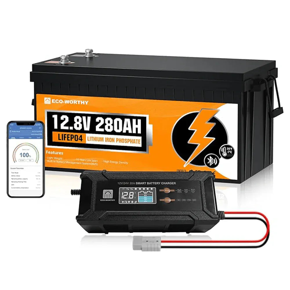 Eco-Worthy Solar Batteries 1 Pack With 20A Charger(extra $10 off) Eco-Worthy LiFePO4 12V 280Ah Lithium Iron Phosphate Battery With Bluetooth
