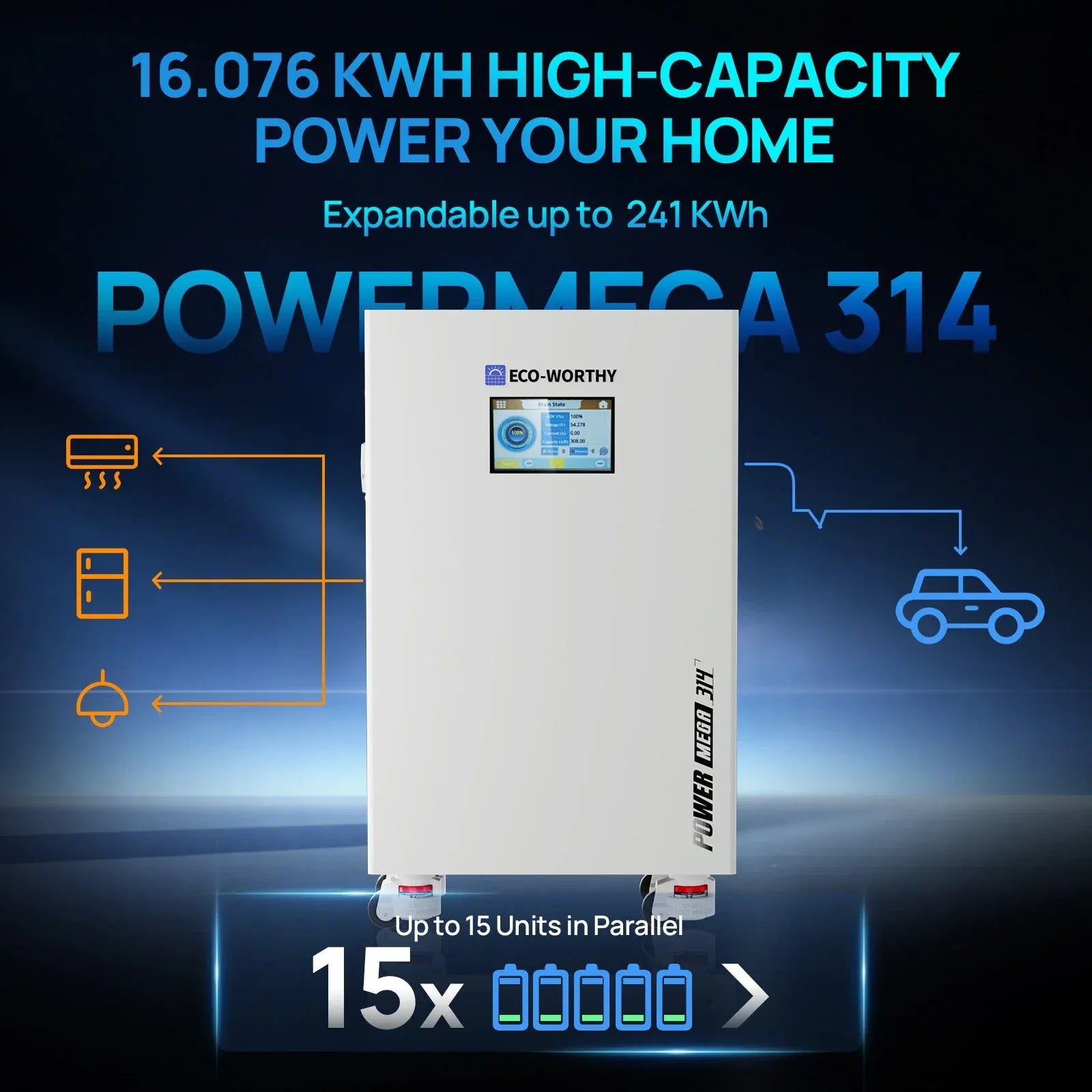 Eco-Worthy Solar Batteries Eco-Worthy PowerMega 314 | 51.2V 314AH Lithium Battery 16kWh | Bluetooth & WiFi