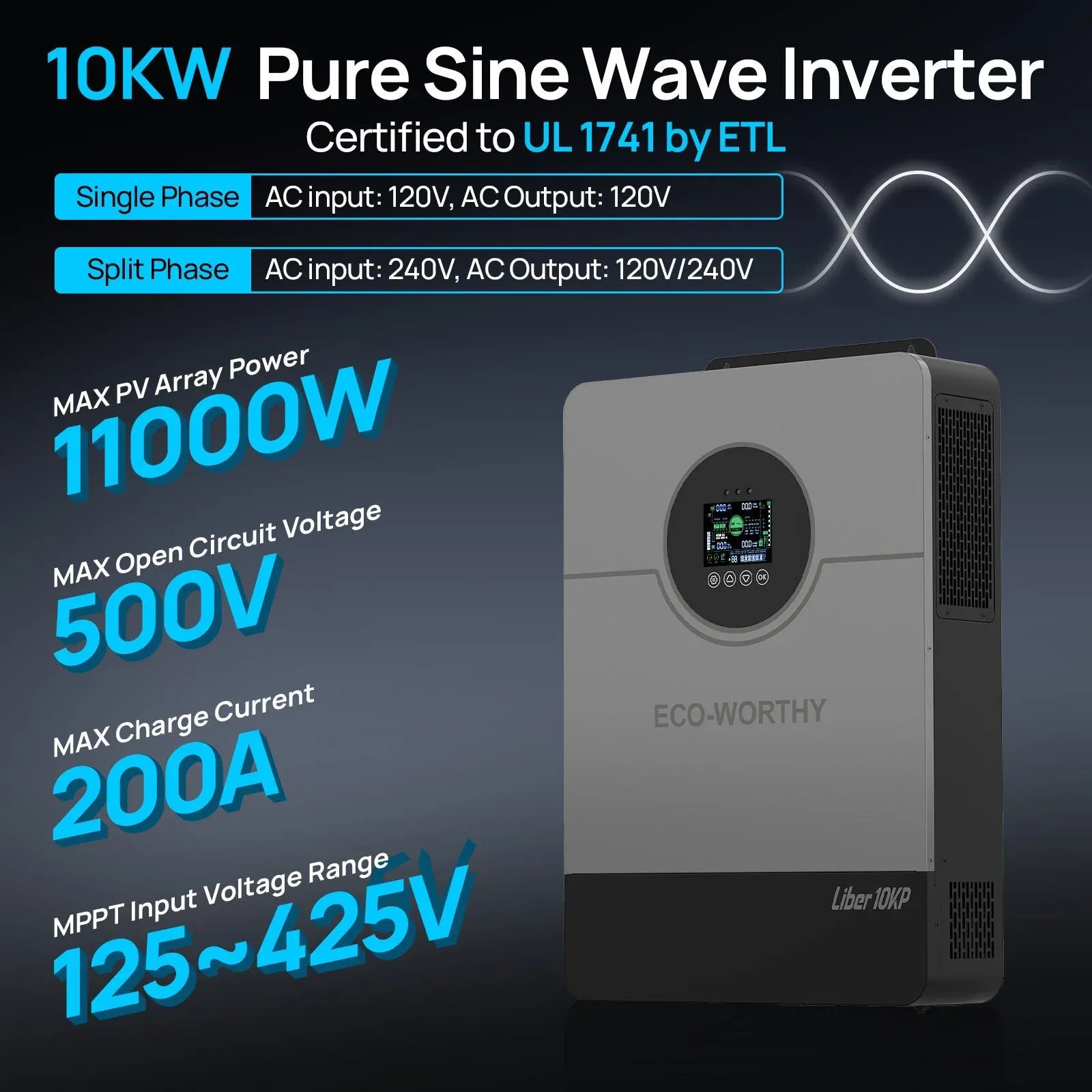 ECO-WORTHY Liber 10KP Split-phase AIO Solar Inverter | 48Vdc to 120Vac/240Vac | 10000W@500V PV Input | UL 1741 - In Store Offer Only