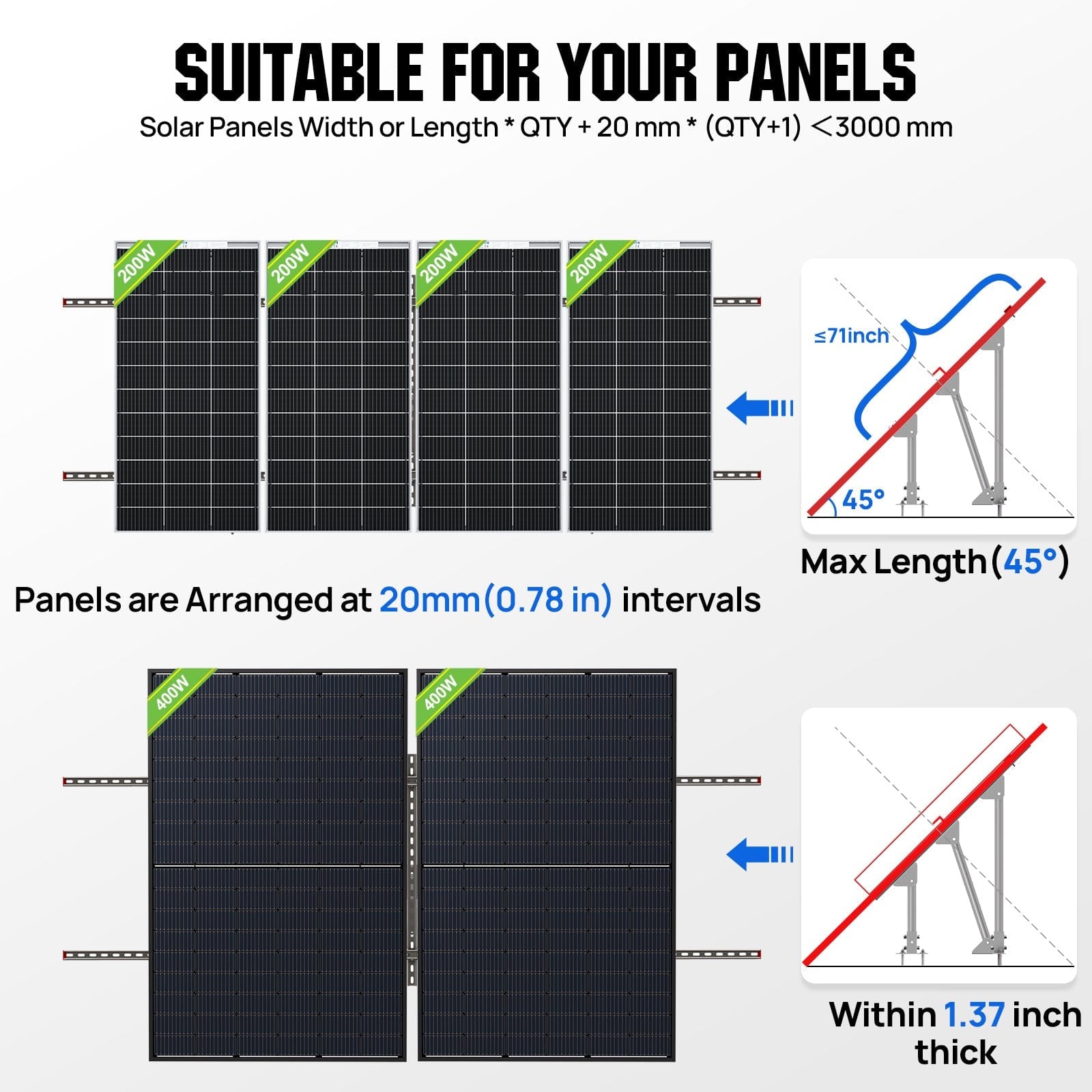 Eco-Worthy Mounting brackets Upgraded Adjustable Multi-Piece Solar Panel Mounting Brackets for 1-4 Pieces of 200W 300W 400W Solar Panels