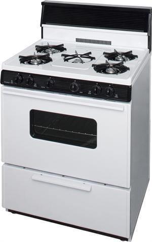 Premier Natural Gas Range/Stove Premier BFK5S9WP 30" Battery Ignition Gas Range with 5 Cooktop Burners and Griddle White with Black Trim - CALL FOR AVAILABILITY