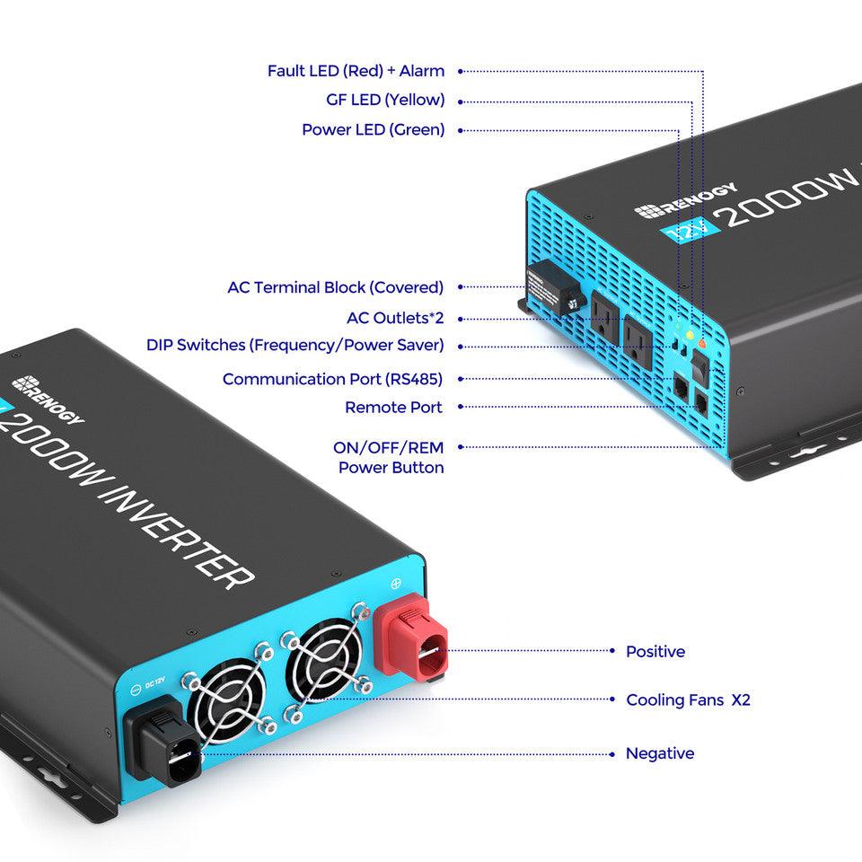 Renogy Solar Charge Controllers and Inverters Renogy 2000W 12V Pure Sine Wave Solar Inverter with Power Saving Mode