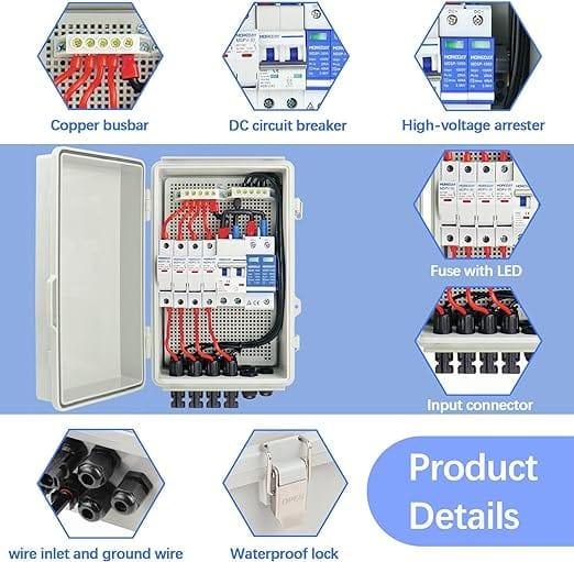 Rich Solar Solar Accessories 4 - 1 String Solar Combiner Box PV Combiner Box with Surge Protection, 63A Circuit Breakers and 15A Rated Current Fuse for On/Off Grid Solar Power System, IP65 Water Resistant