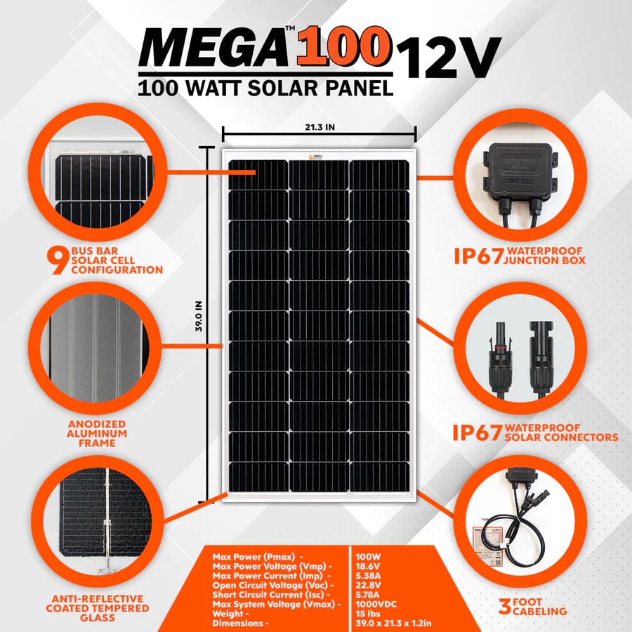 Rich Solar Solar Panels MEGA 100 Watt Monocrystalline Solar Panel | Best 12V Panel for VAN RVs and Off-Grid | 25-Year Output Warranty | UL Certified - Free Shipping!