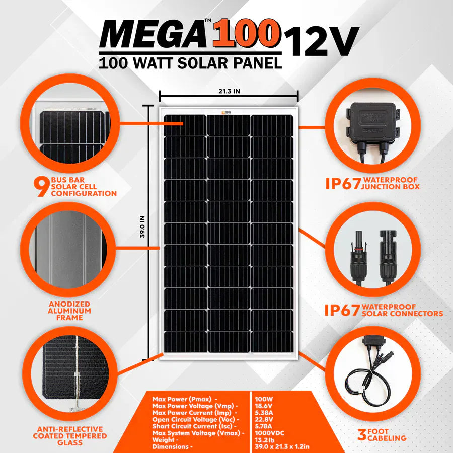 Rich Solar Solar Panels Rich Solar MEGA 100 Watt Monocrystalline Solar Panel | Best 12V Panel for VAN RVs and Off-Grid | 25-Year Output Warranty | UL Certified