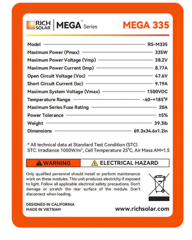 Rich Solar Solar Panels Rich Solar MEGA 335 | 335 Watt Solar Panel