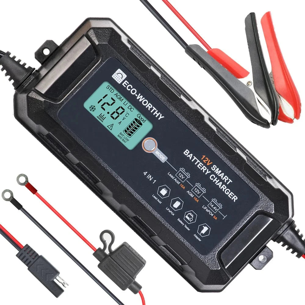 Signature Solar Chargers Eco-Worthy 10A 12V Smart Battery Charger with LCD Display for Lithium (LiFePO4) Batteries